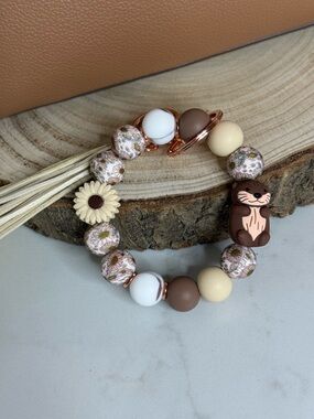 Silicone Beaded Wristlet Keychain - Floral & Otter Design in Cream, Brown, White
